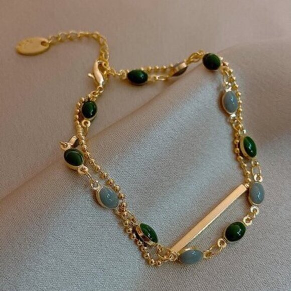 Jewelry - 18k Gold Filled Multi-Stone Bracelet: Green and Blue Oval Stones